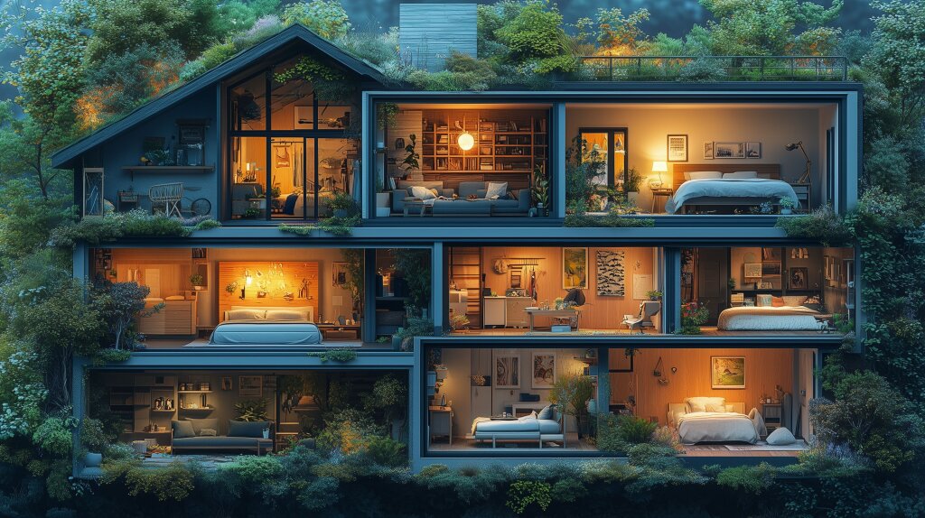 Modernes mehrstöckiges Haus im Grünen mit gemütlichen Wohnräumen – Innenarchitektur und Natur vereint